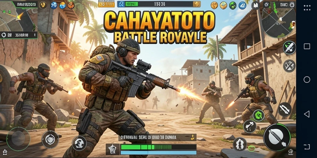Screenshot gameplay CAHAYATOTO menampilkan pertarungan seru di medan perang Battle Royale.