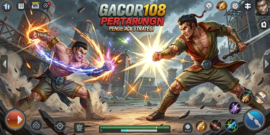 Tampilan gameplay GACOR108 dengan karakter bertarung di arena.