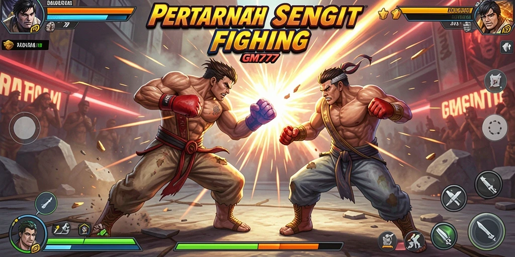 Screenshot utama GM777 menampilkan aksi pertarungan yang intens dan karakter-karakter unik.