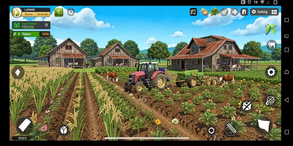 Tampilan gameplay LAVOWIN yang menawan dengan suasana pertanian.