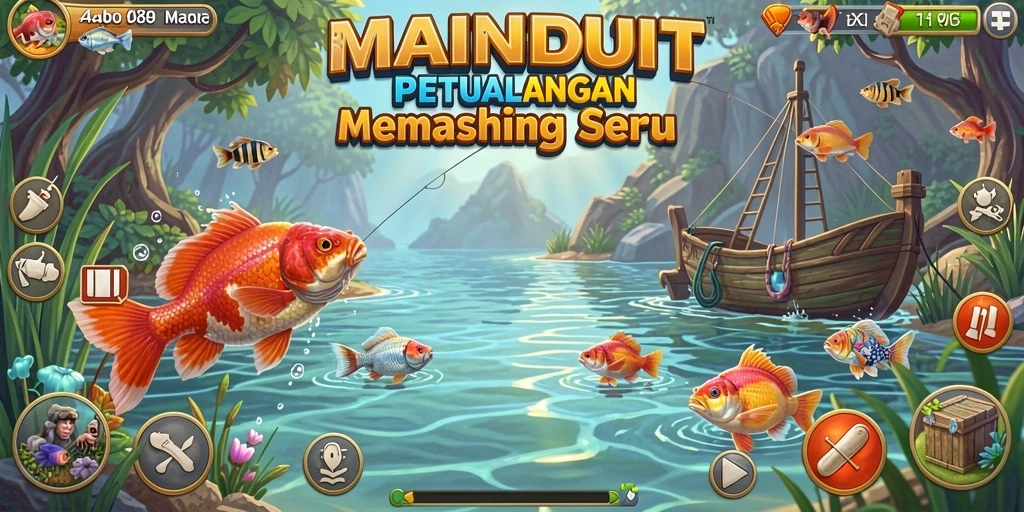 Screenshot gameplay memancing dalam MAINDUIT dengan suasana alam yang indah.