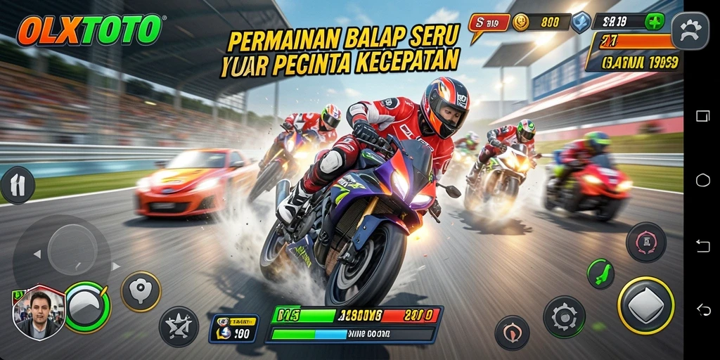 Screenshot gameplay OLXTOTO menampilkan mobil balap melaju kencang di lintasan.