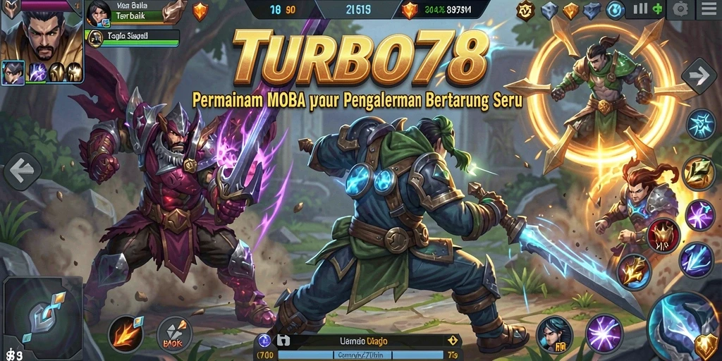 Screenshot gameplay TURBO78 menampilkan pertarungan seru antar pahlawan dalam arena.